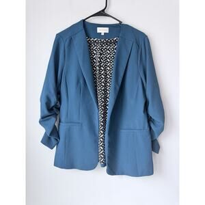 Skies Are Blue Size Large Teal Green Ruched Sleeve Open Front Blazer Business